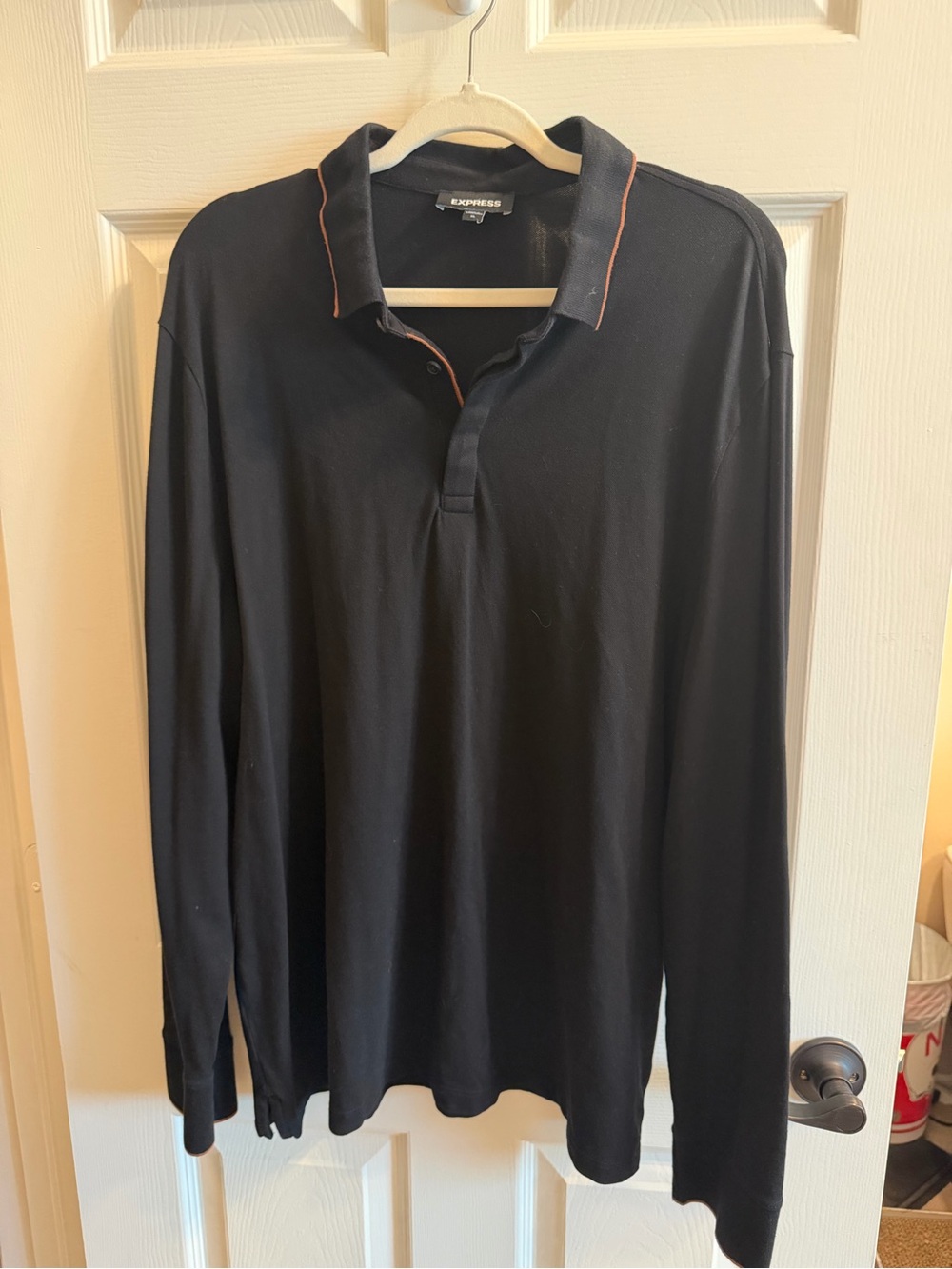 Express Long Sleeve Polo in Black with Tan Trim